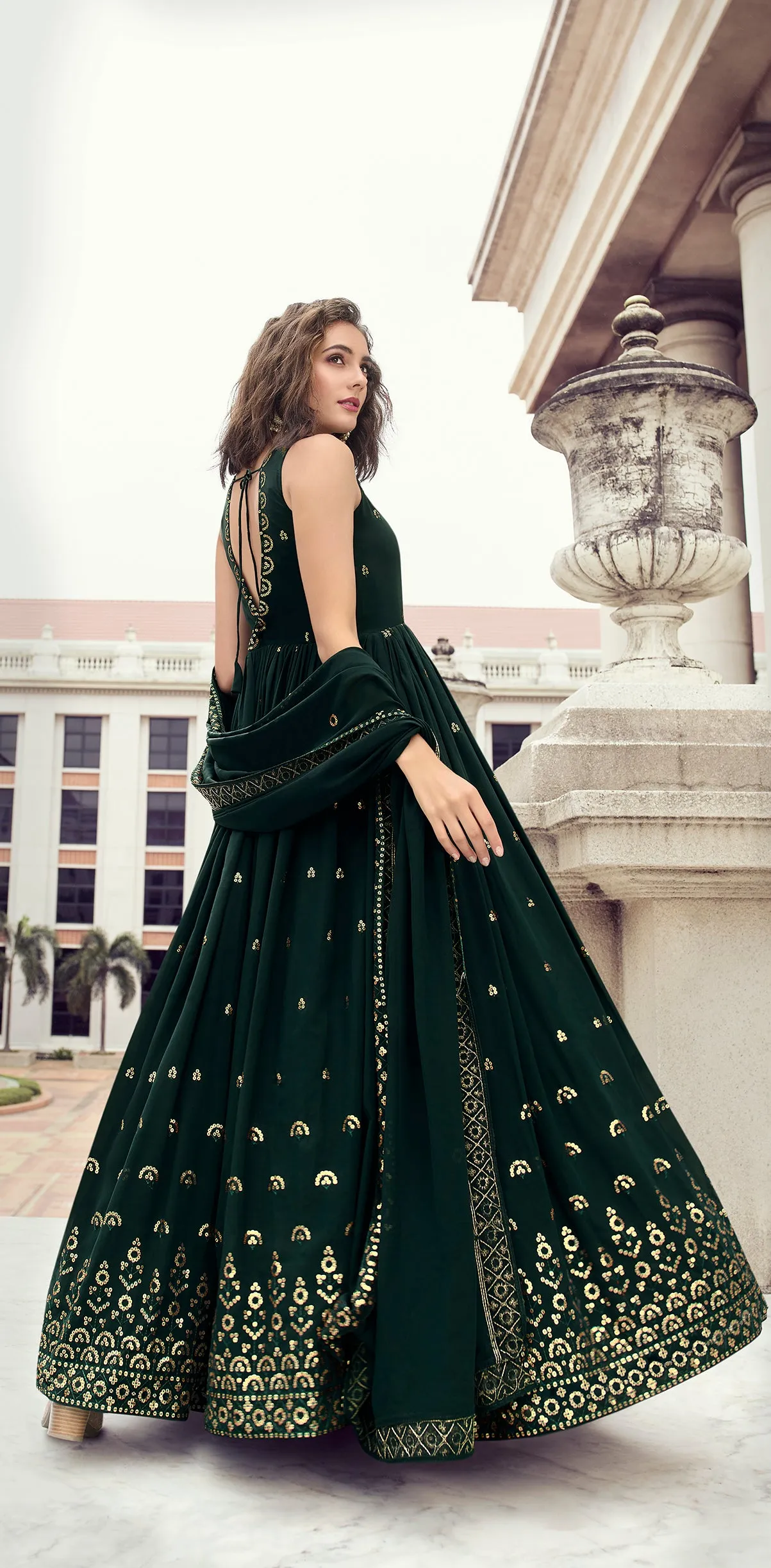 Ethnic Green Color Thread Sequence Work Gown