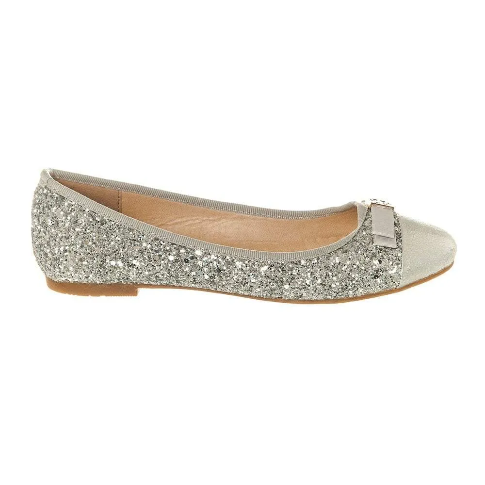 Flat Slip On Ballerina Pump With Bow Trim And Glitter Upper