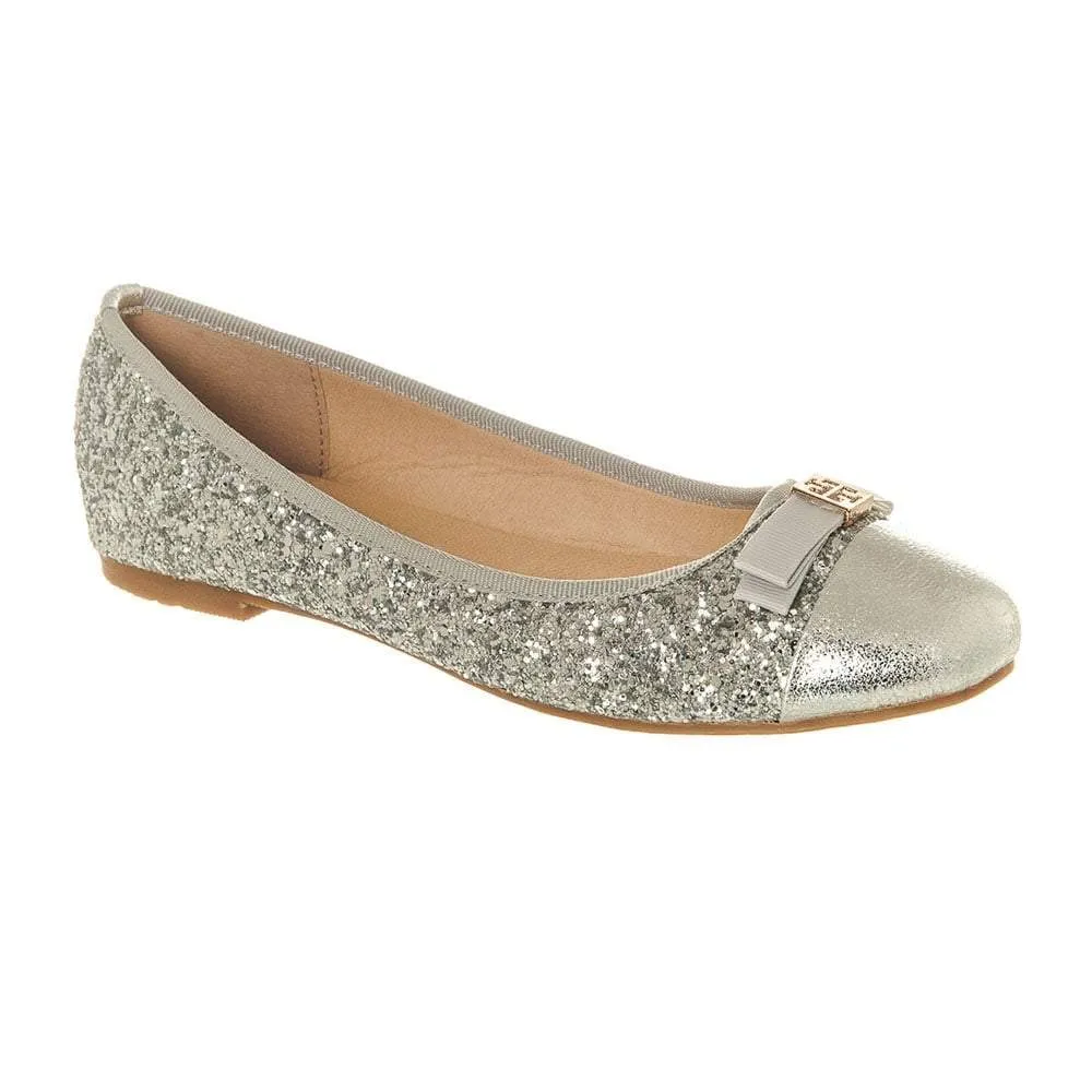 Flat Slip On Ballerina Pump With Bow Trim And Glitter Upper