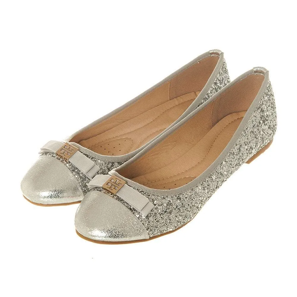 Flat Slip On Ballerina Pump With Bow Trim And Glitter Upper