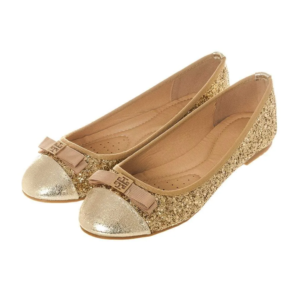 Flat Slip On Ballerina Pump With Bow Trim And Glitter Upper