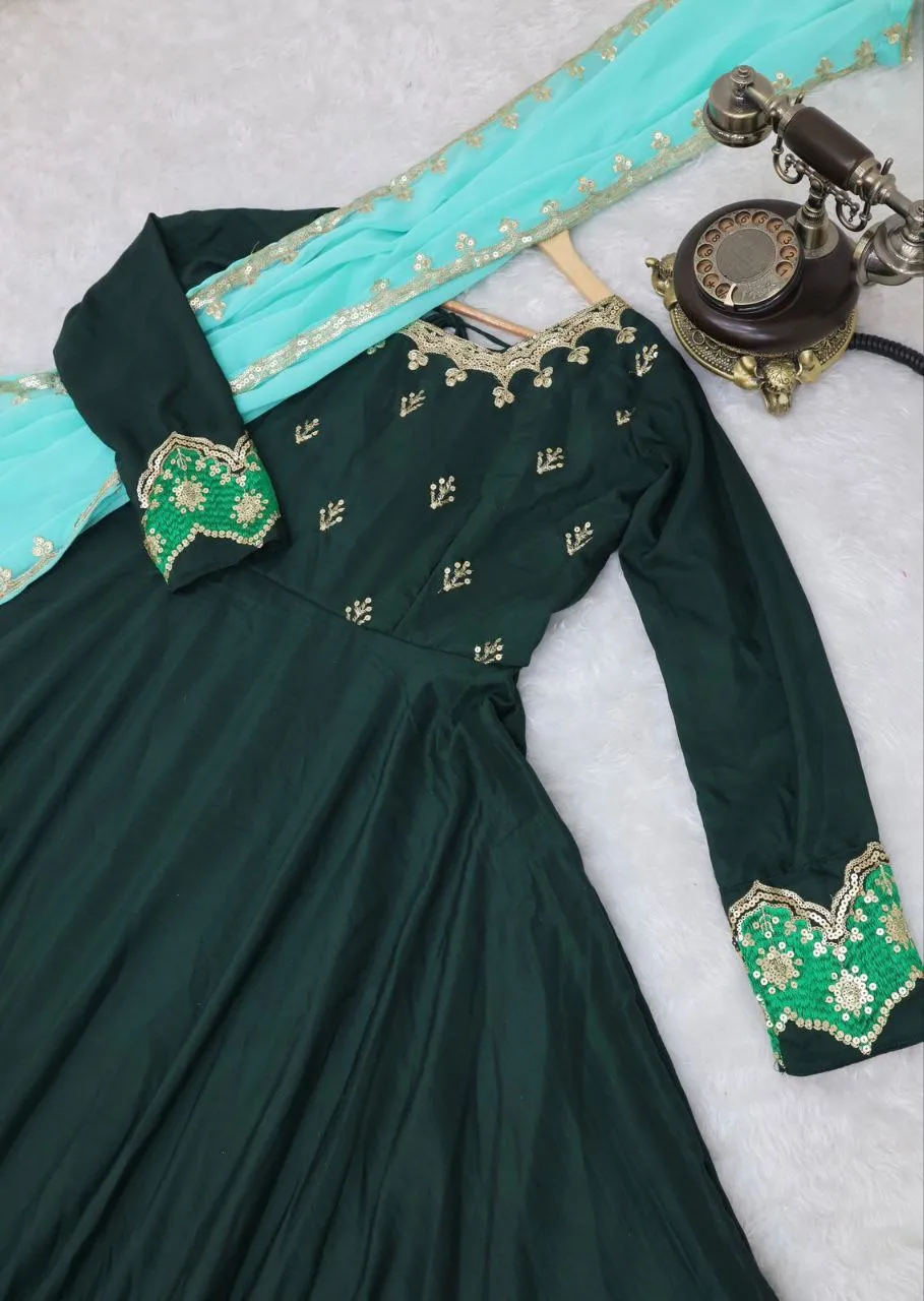 Green Anarkali Gown in Parampara Silk with Embroidery Work