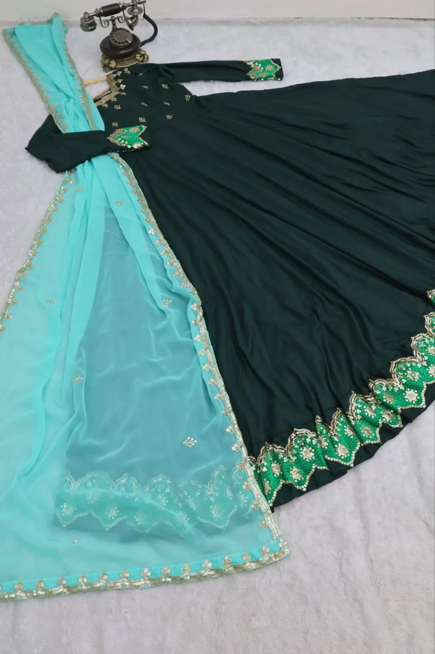 Green Anarkali Gown in Parampara Silk with Embroidery Work