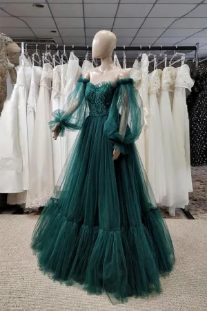 Green Lace Prom Dresses Puff Long Sleeves Off The Shoulder Lace Appliques Tulle Ball Gown