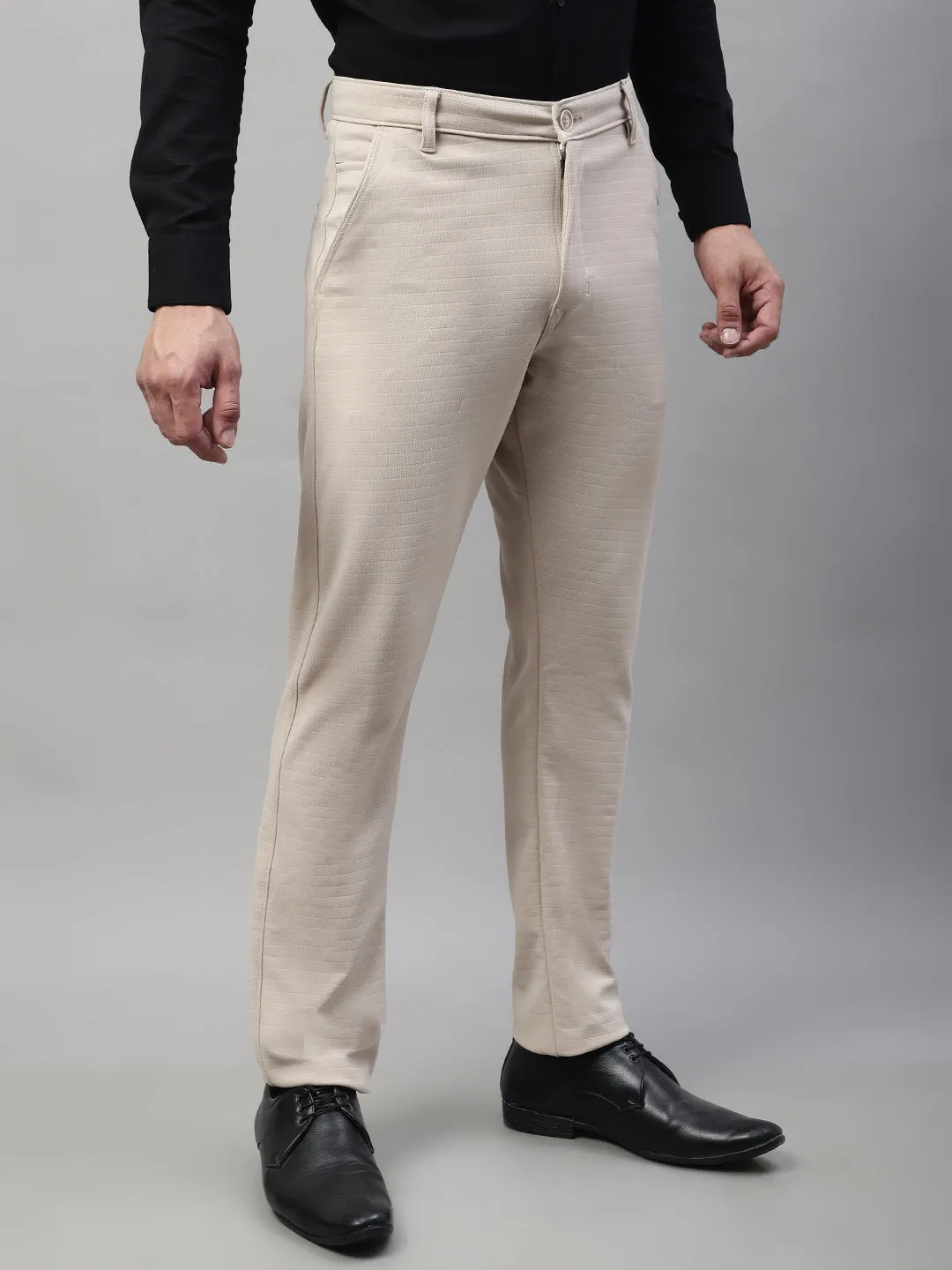 Jashvi Men's Cream Tapered Fit Formal Trousers