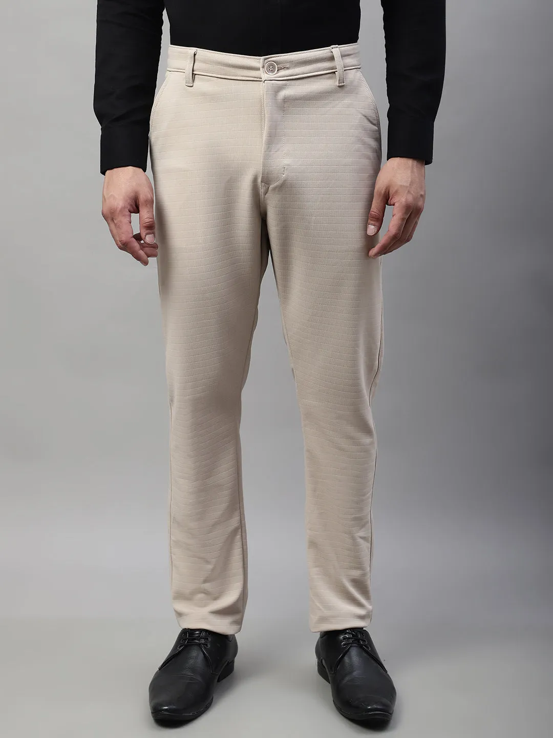 Jashvi Men's Cream Tapered Fit Formal Trousers