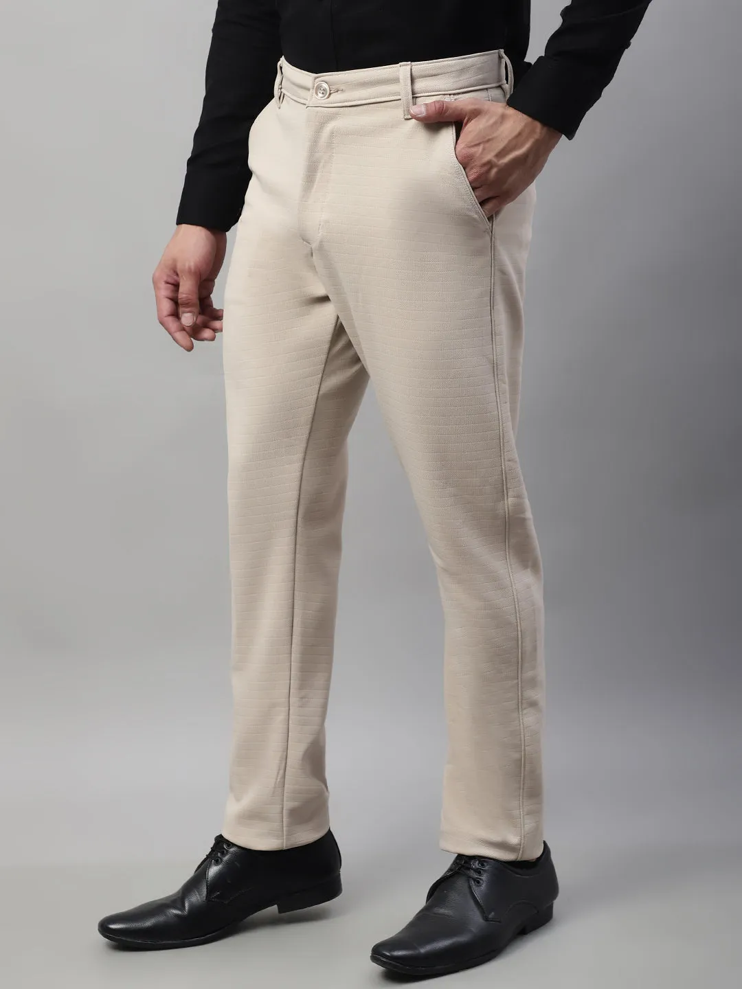 Jashvi Men's Cream Tapered Fit Formal Trousers