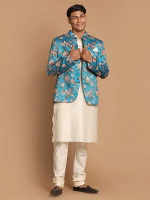 Jashvi Men's Turquoise Silk Blend Jodhpuri With Cream Viscose Rayon Kurta Pyjama Set