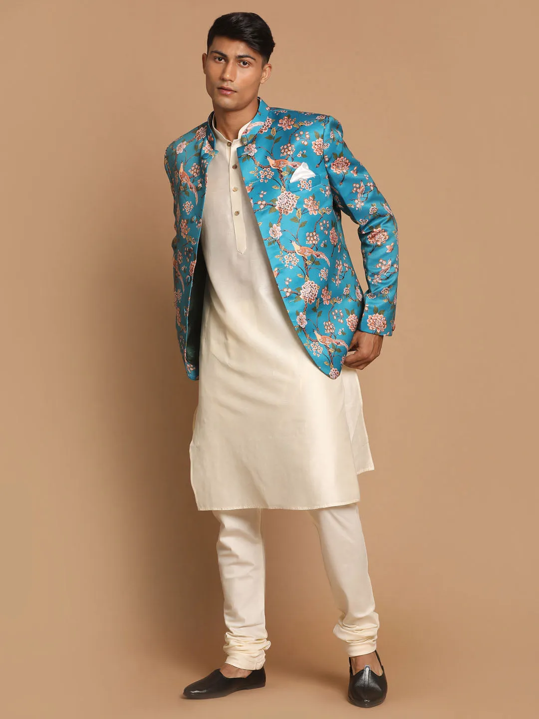 Jashvi Men's Turquoise Silk Blend Jodhpuri With Cream Viscose Rayon Kurta Pyjama Set