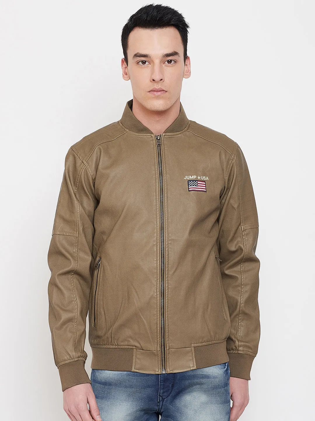 JUMP USA Men Khaki Solid Casual Biker Jacket