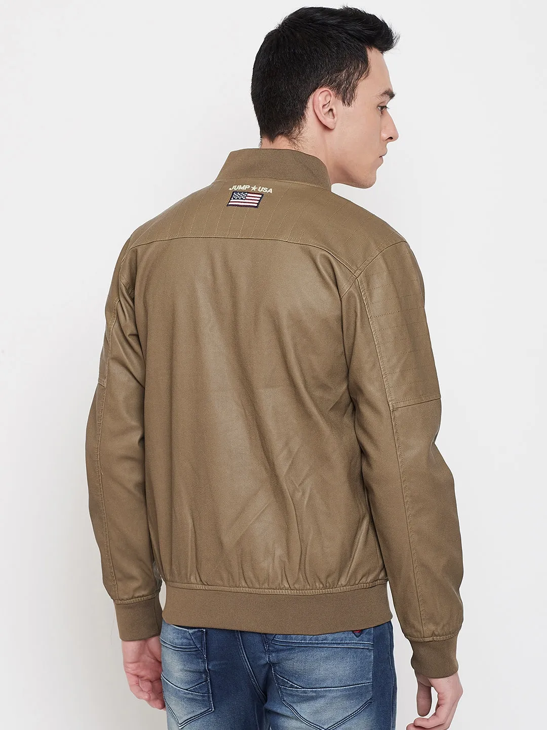 JUMP USA Men Khaki Solid Casual Biker Jacket