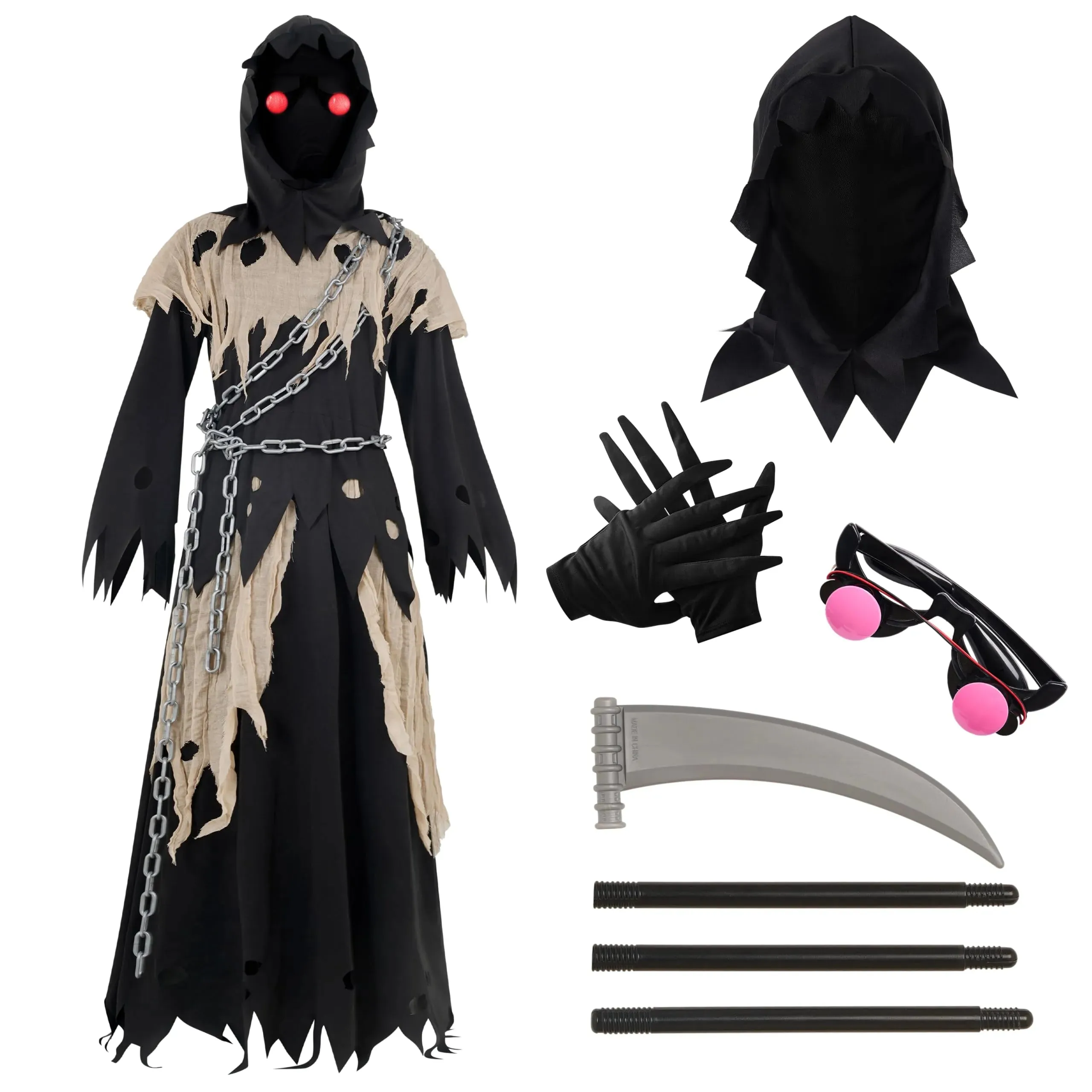 Kids Grim Reaper Costume, Glowing Eyes Grim Reaper Costume for Boys