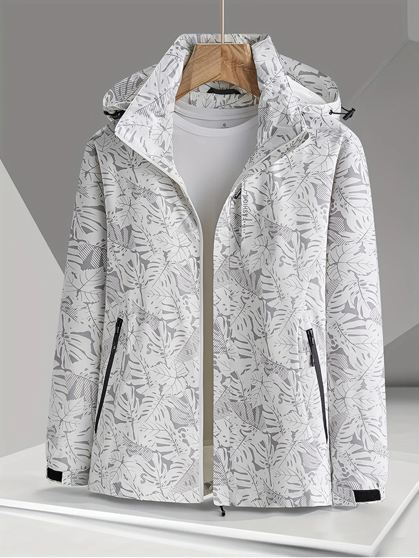 Leaf Pattern Windbreaker Hooded Jacket, Men's Casual Jackets