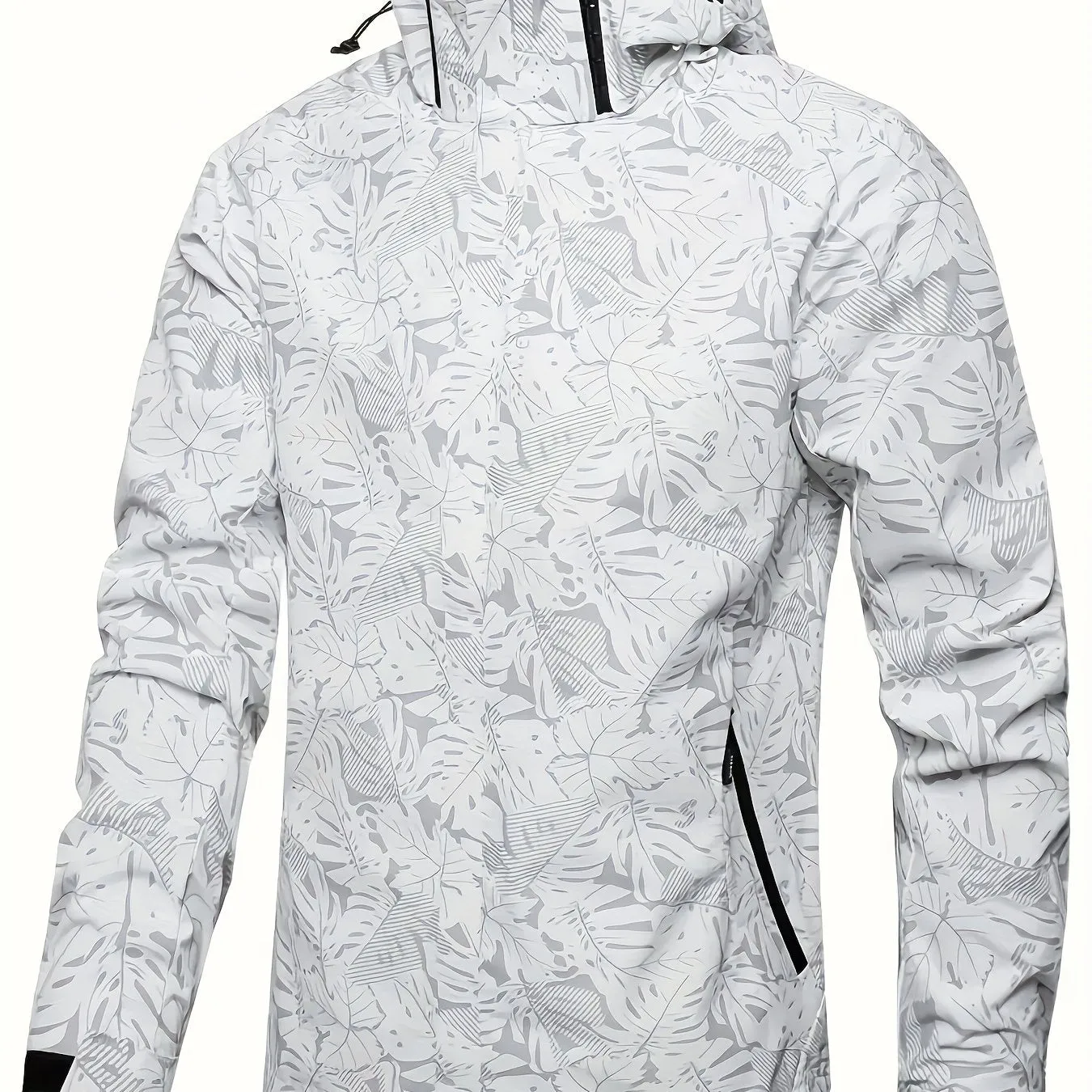 Leaf Pattern Windbreaker Hooded Jacket, Men's Casual Jackets