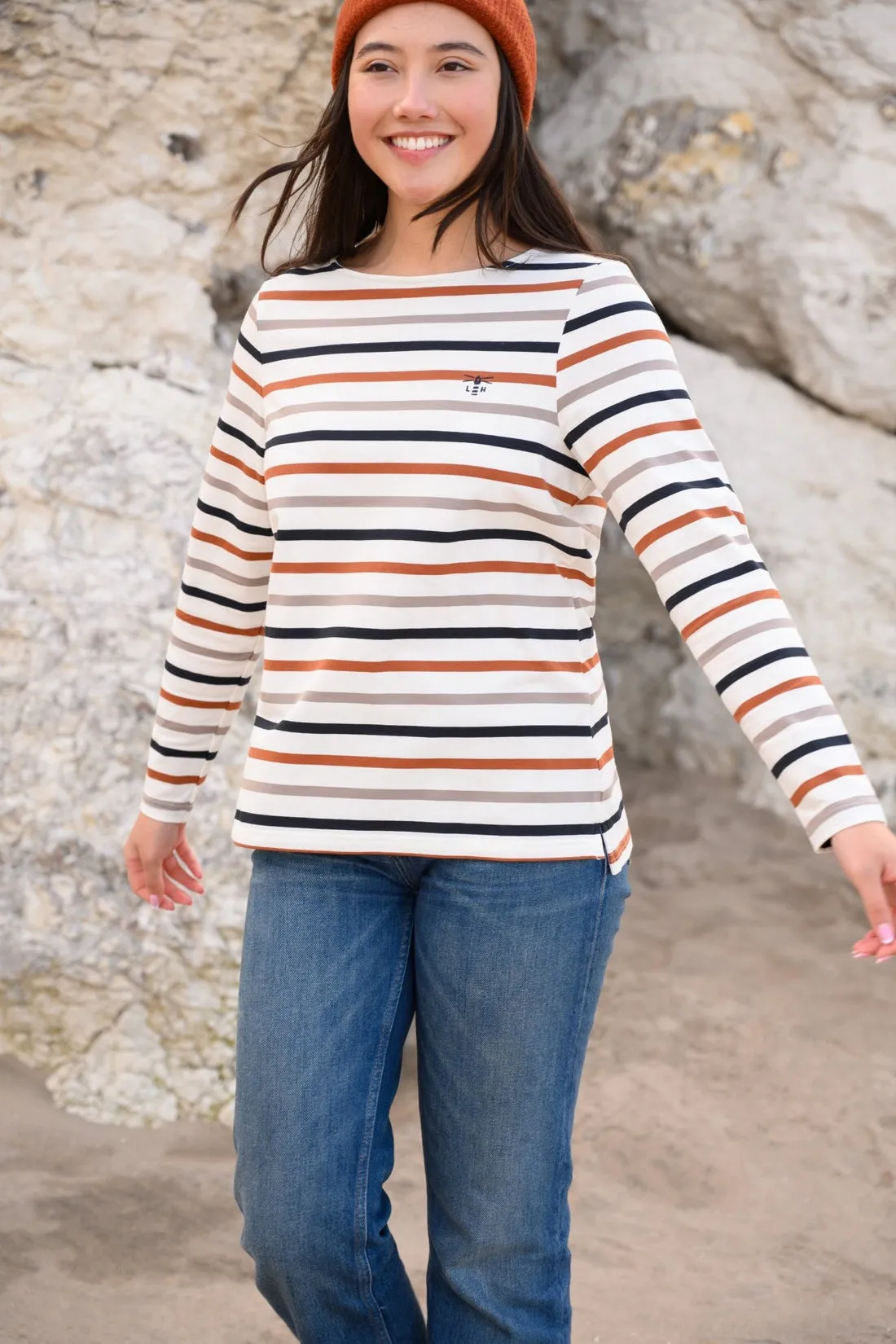 Lighthouse Causeway Long Sleeve Top Rust & Mocha Stripe