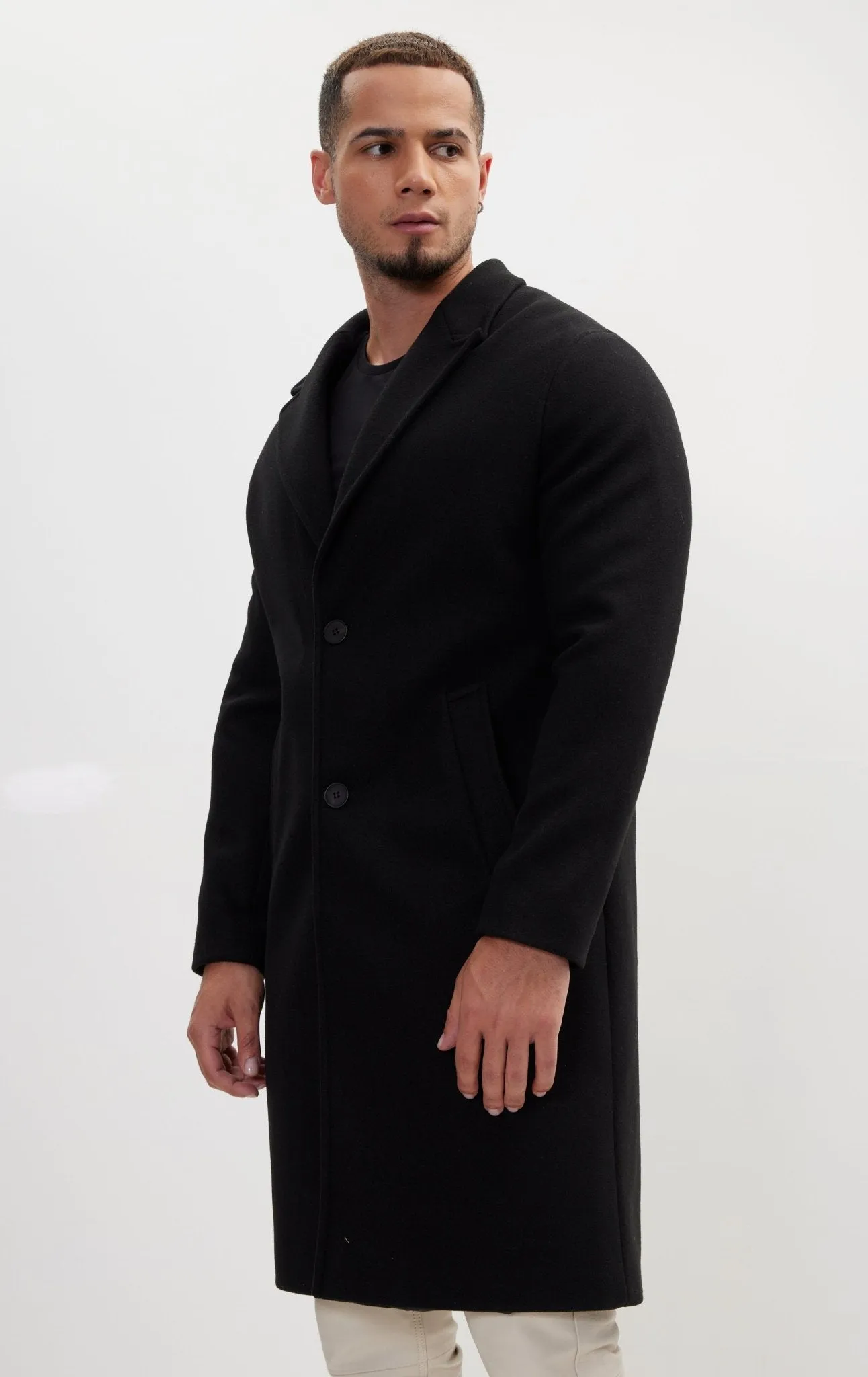 Long Fitted Pea Coat With Notch Lapel - Black