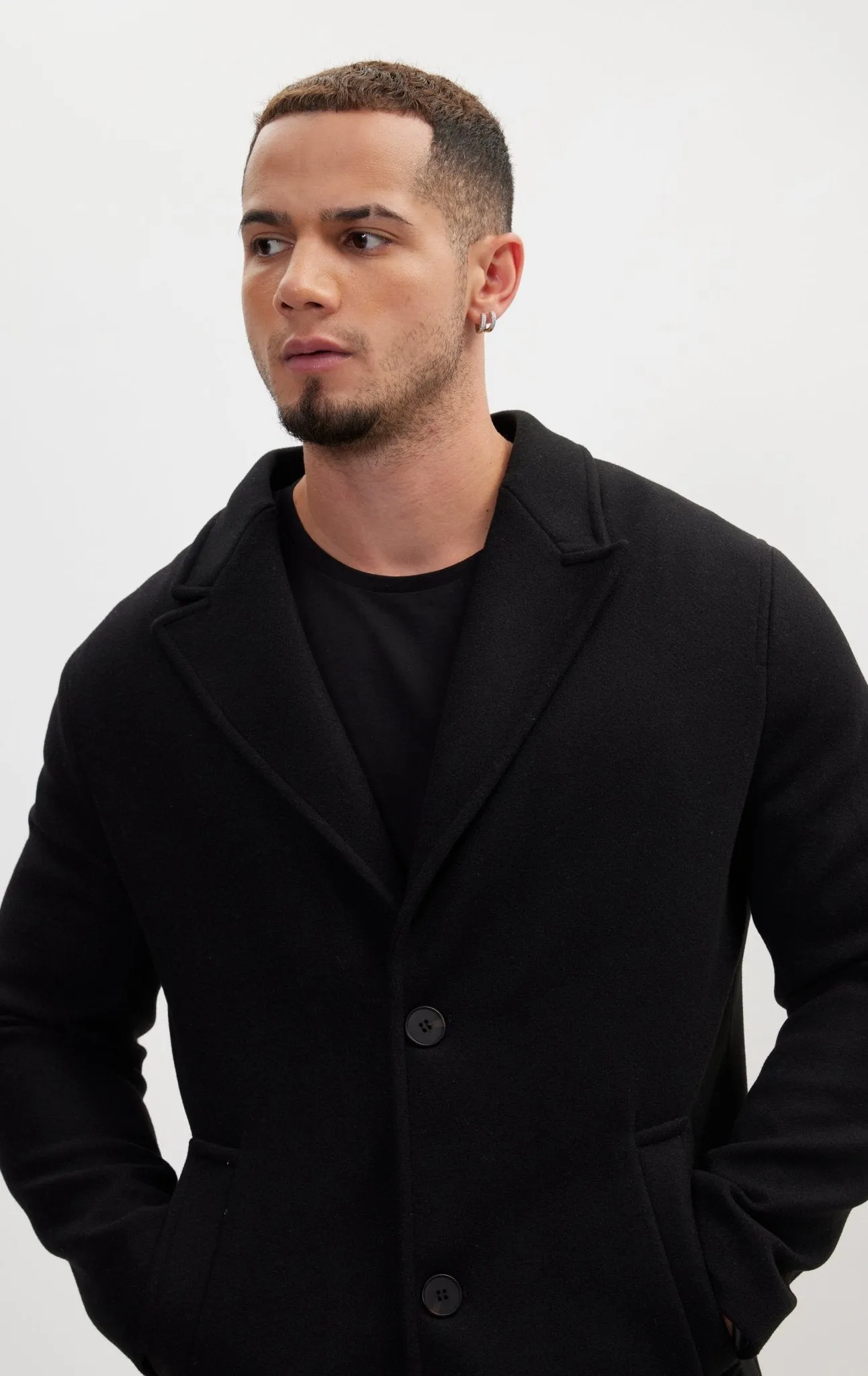 Long Fitted Pea Coat With Notch Lapel - Black