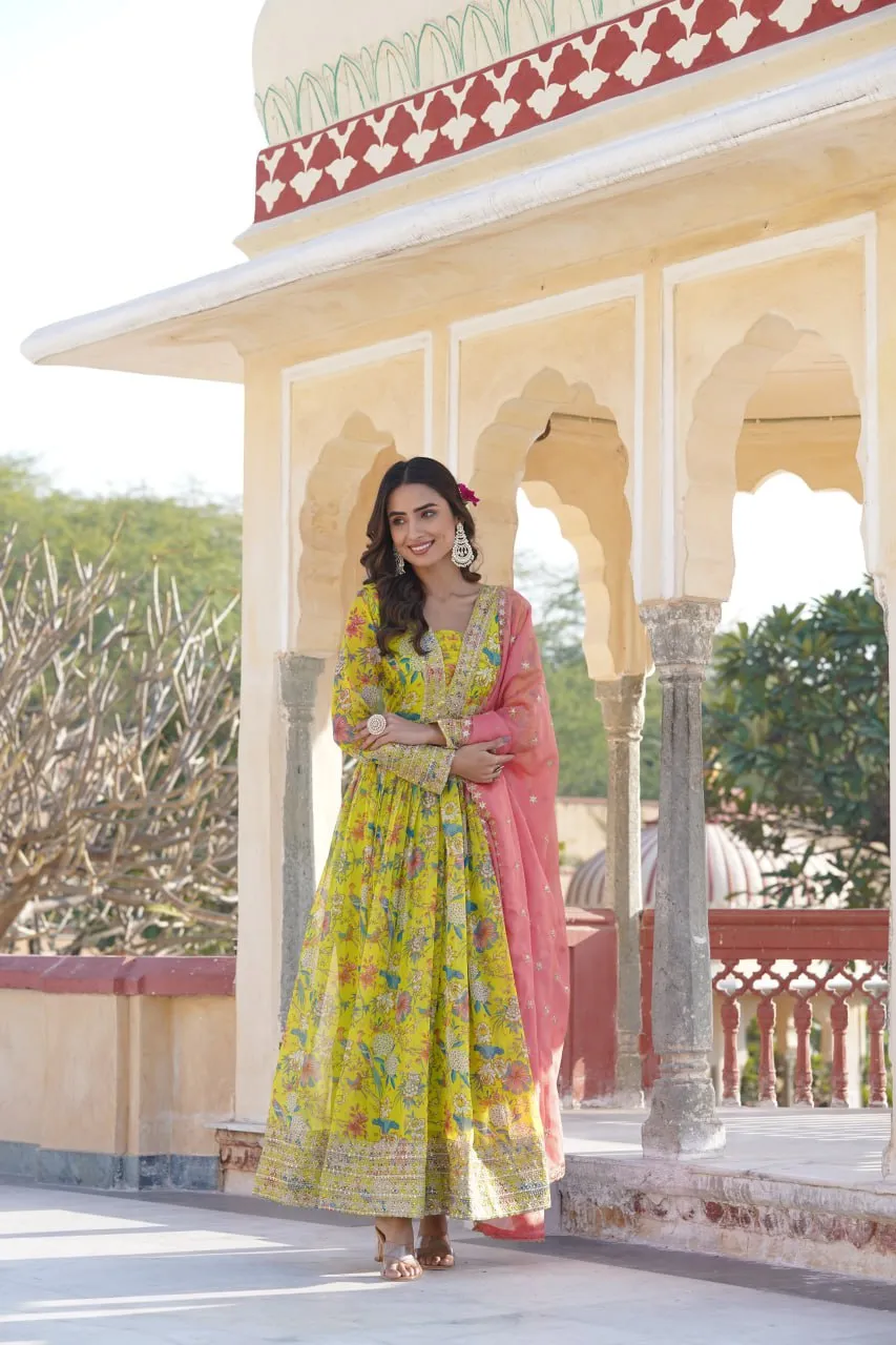 Luxe Elegance Parrot Green Embroidered Digital Print Gown & Dupatta Set