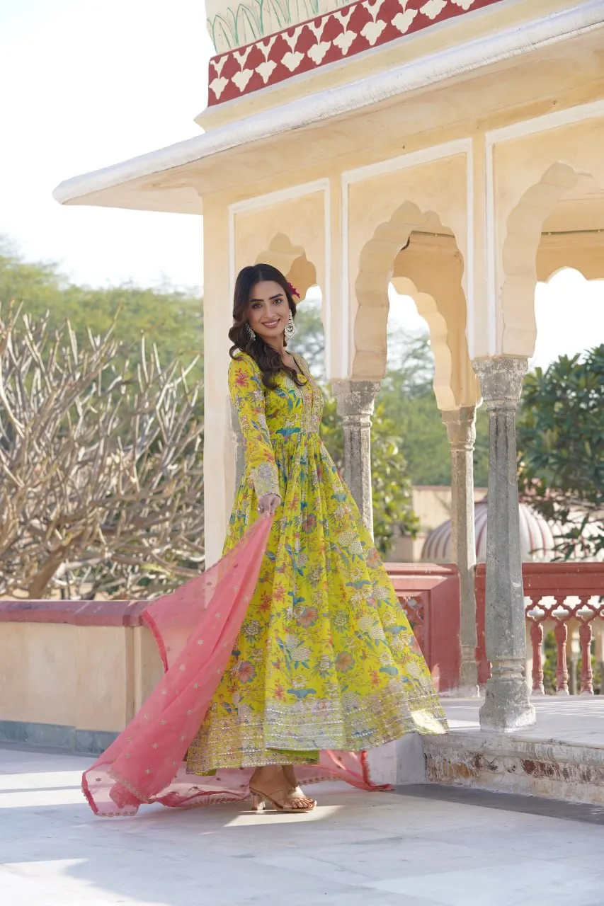 Luxe Elegance Parrot Green Embroidered Digital Print Gown & Dupatta Set