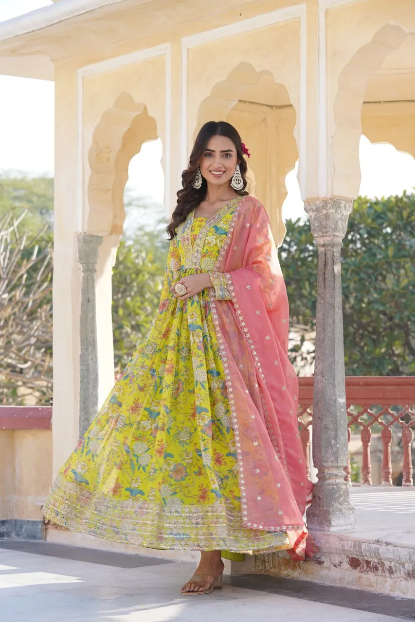 Luxe Elegance Parrot Green Embroidered Digital Print Gown & Dupatta Set