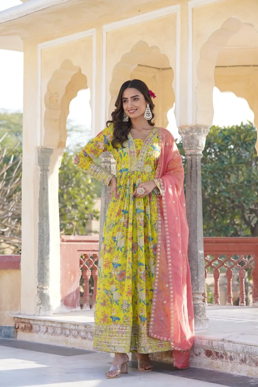 Luxe Elegance Parrot Green Embroidered Digital Print Gown & Dupatta Set