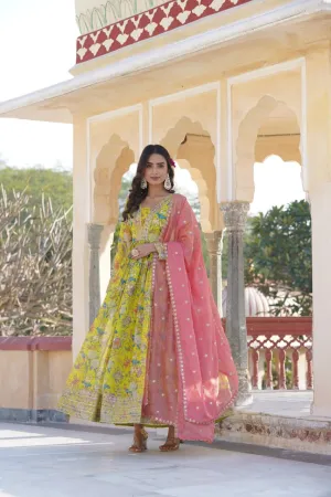 Luxe Elegance Parrot Green Embroidered Digital Print Gown & Dupatta Set