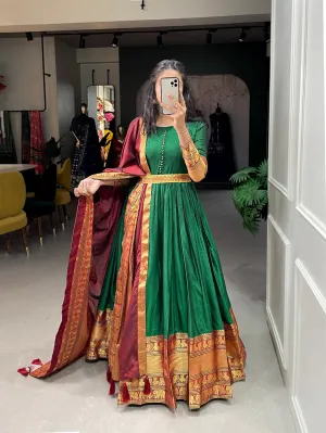 Luxurious Green Handwoven Narayanpet Gown with Zari Weaving & Dupatta