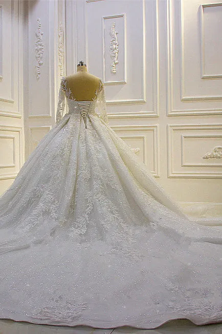 Luxury Long Ball Gown Lace Appliques Wedding Dress with Sleeves