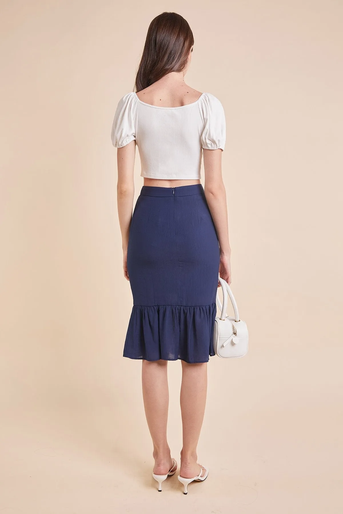 MADEBYNM DORIA MERMAID FLUTTER SKIRT IN FRENCH NAVY