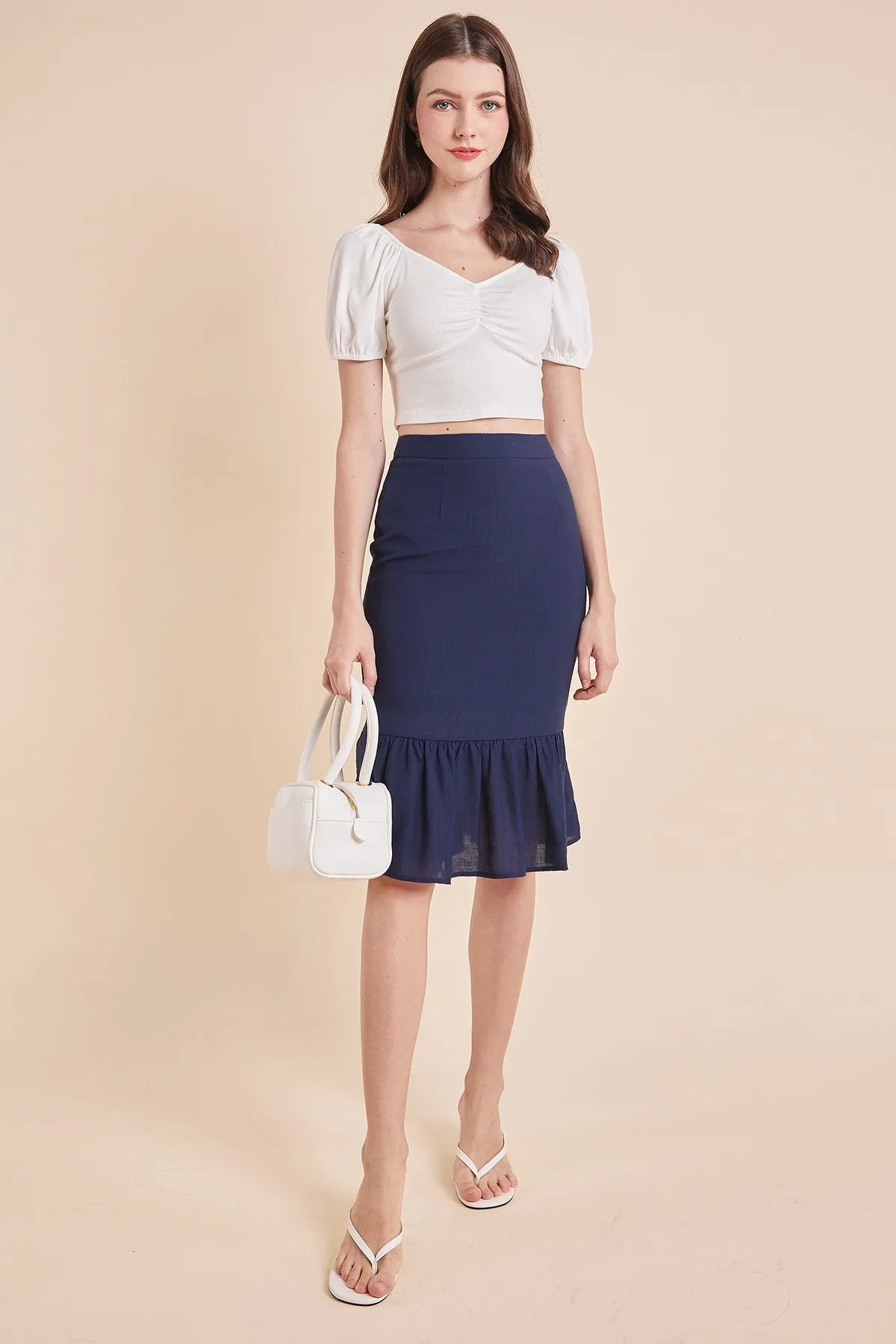 MADEBYNM DORIA MERMAID FLUTTER SKIRT IN FRENCH NAVY