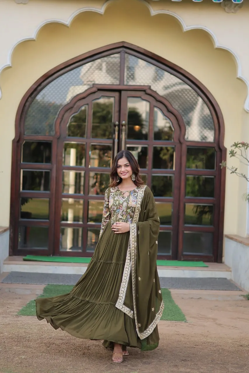 Mehendi Green Stunning Faux Georgette Gown Dupatta Collection in Vibrant Colors