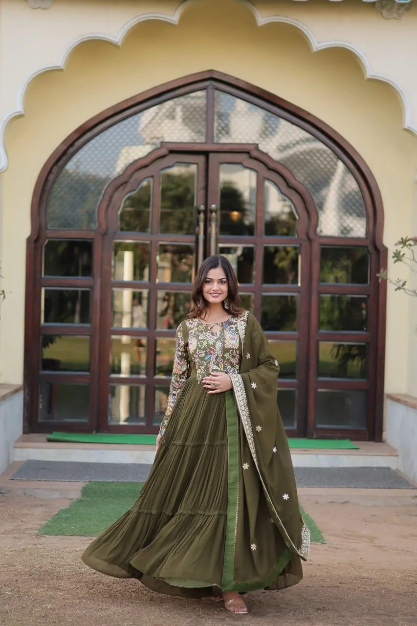 Mehendi Green Stunning Faux Georgette Gown Dupatta Collection in Vibrant Colors