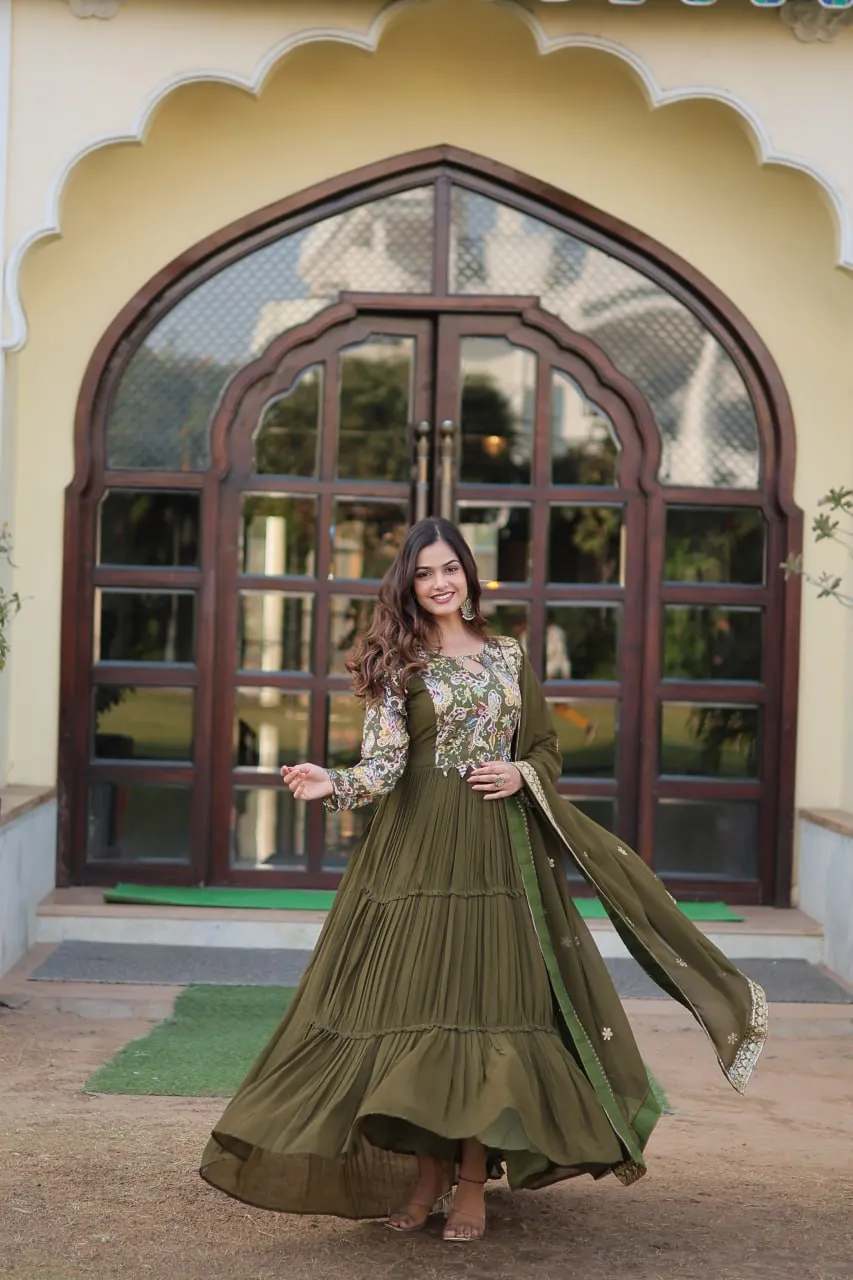 Mehendi Green Stunning Faux Georgette Gown Dupatta Collection in Vibrant Colors