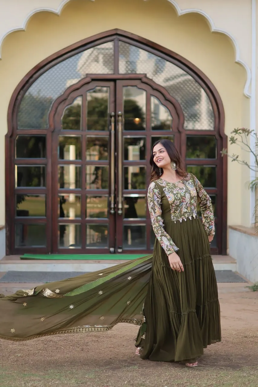 Mehendi Green Stunning Faux Georgette Gown Dupatta Collection in Vibrant Colors