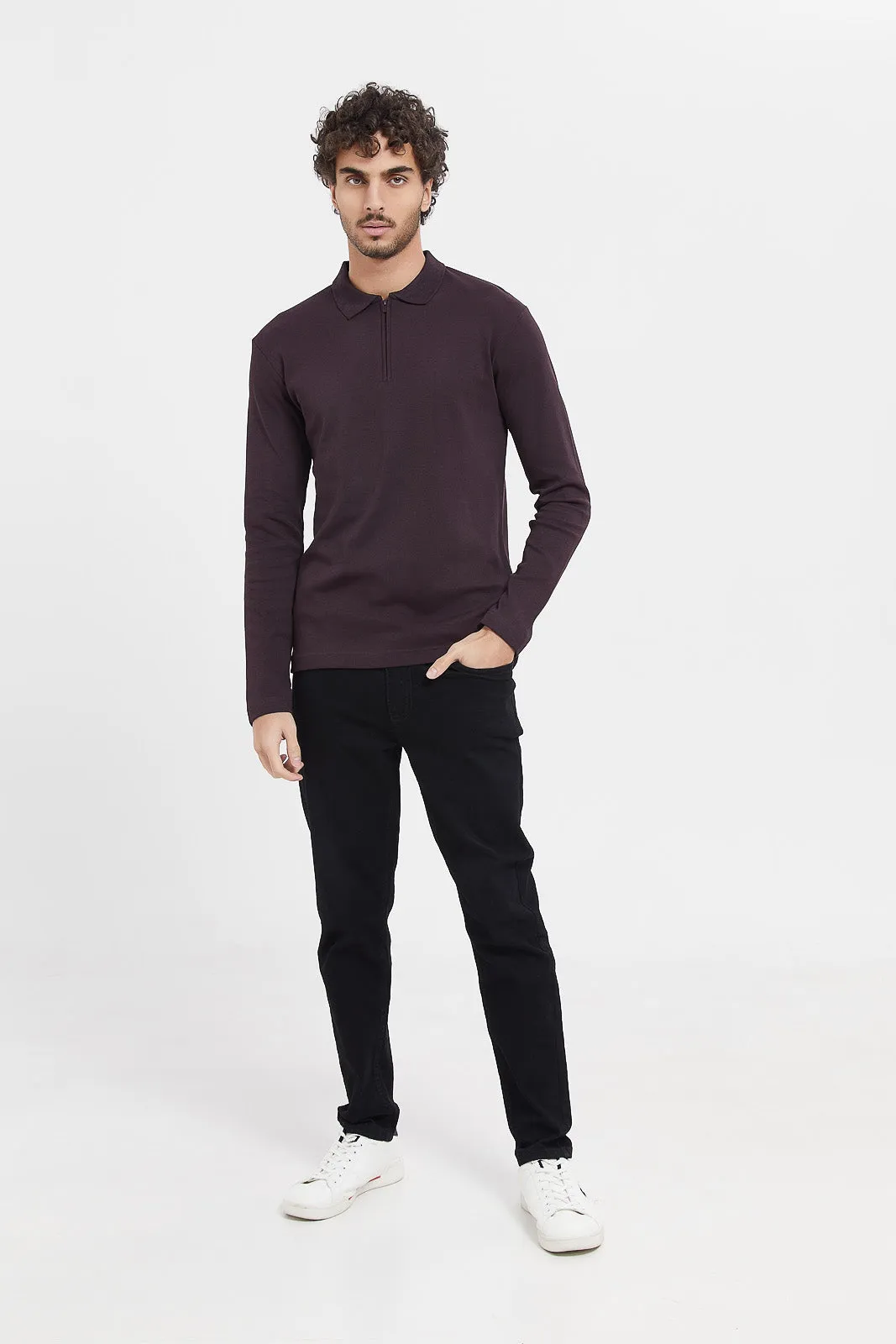 Men Purple Zip Placket Long Sleeve Polo Shirt