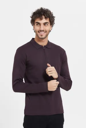 Men Purple Zip Placket Long Sleeve Polo Shirt