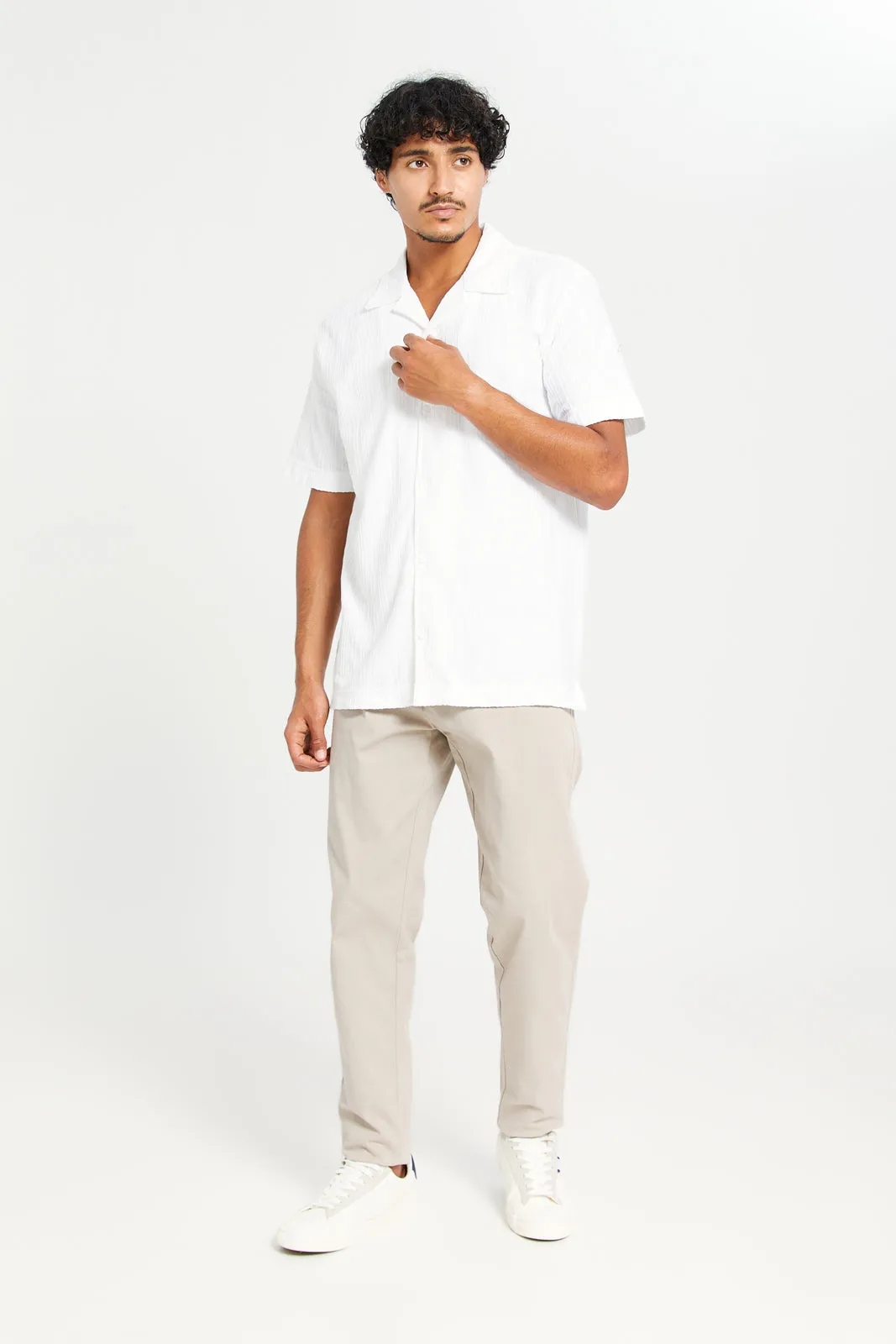 Men White Camp Collar Jacquard Shirt