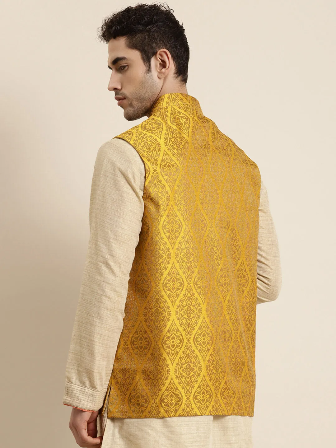 Men's Jacquard Silk Mustard & Gold Nehru Jacket - Sojanya