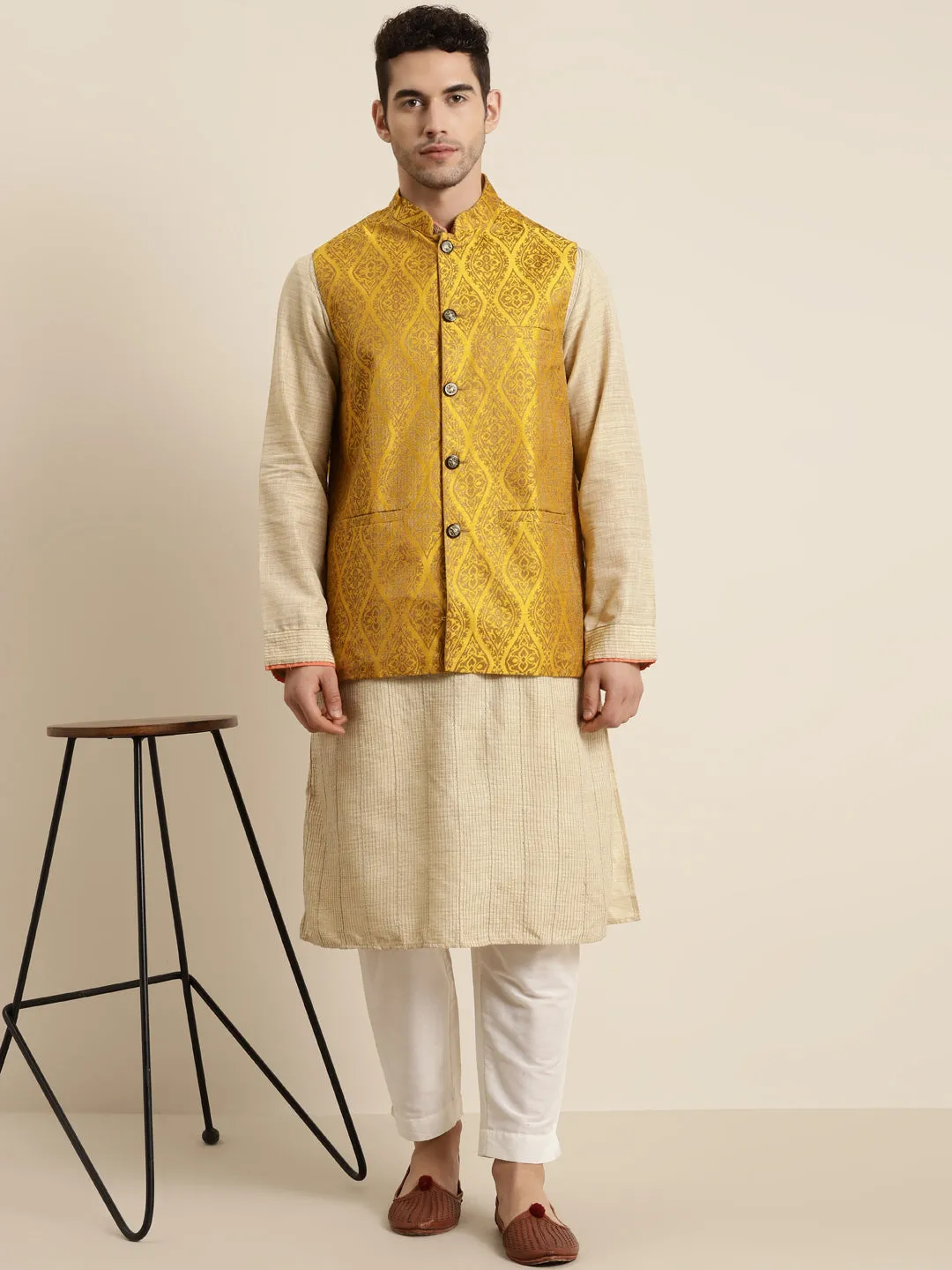 Men's Jacquard Silk Mustard & Gold Nehru Jacket - Sojanya