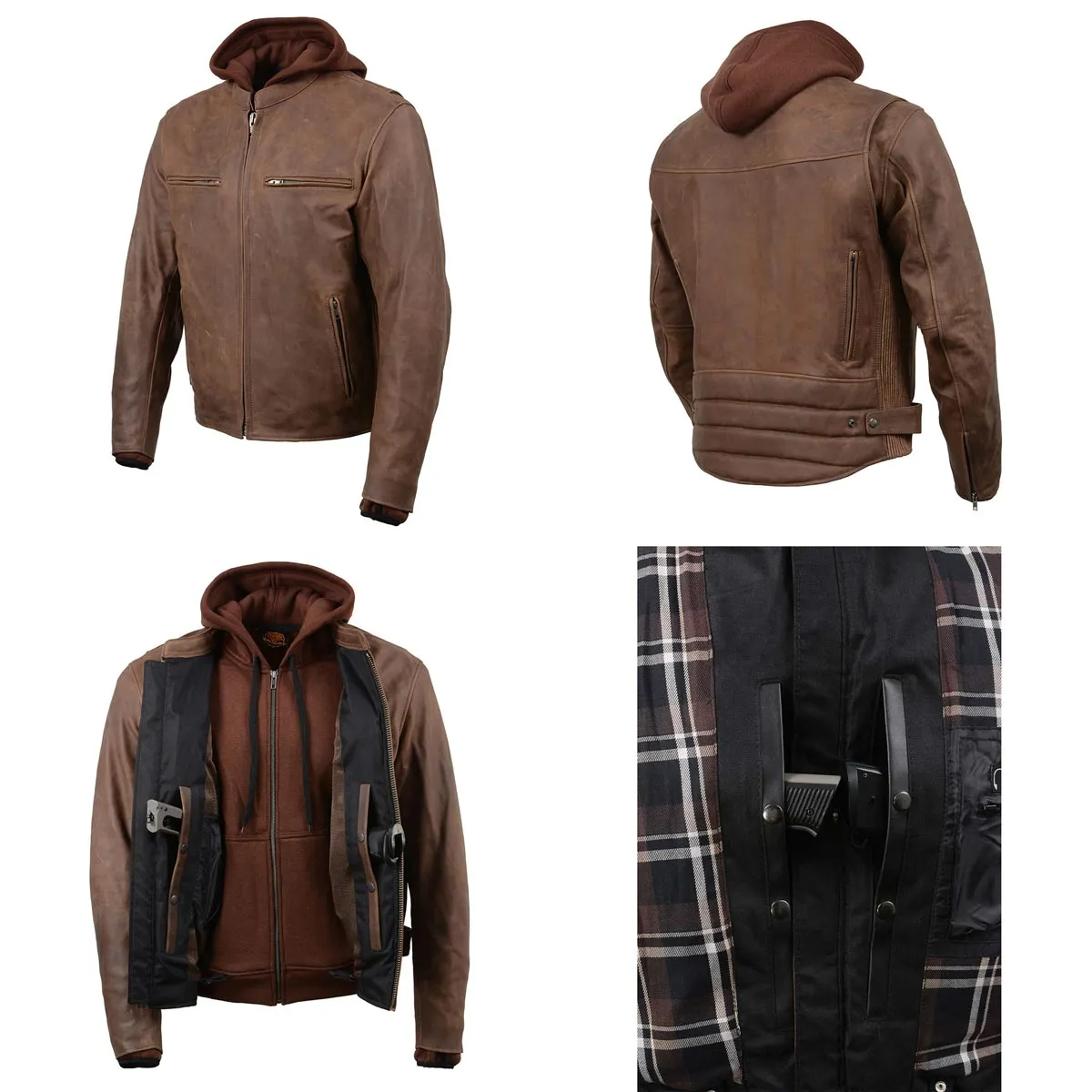 Milwaukee Leather MLM1518 Men's 'Scoundrel' Vintage Crazy Horse Brown Leather Jacket w/ Removable Hoodie