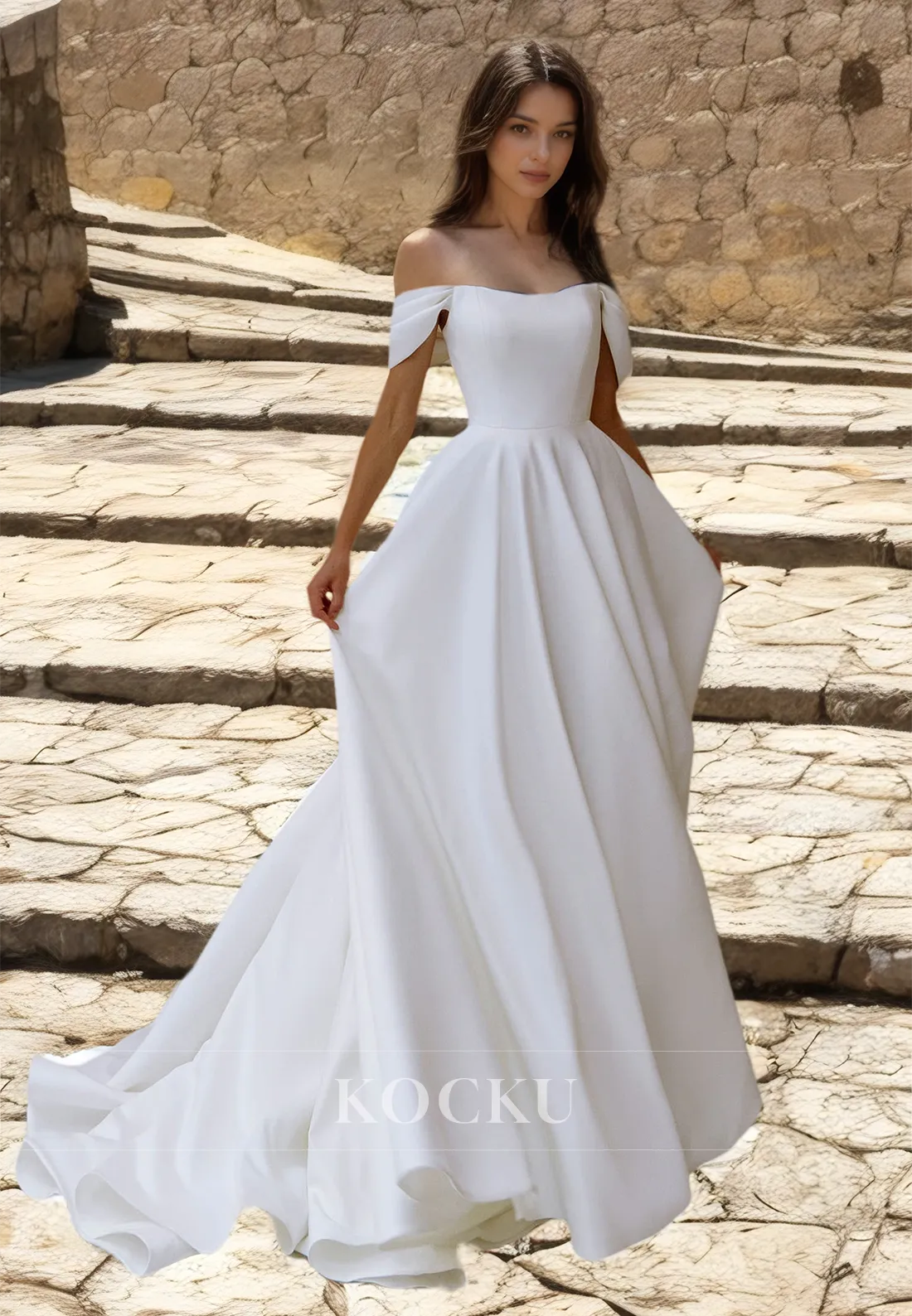 Off-Shoulder A-Line Sleeveless Sweep train Pleated Satin Wedding Dress Bridal Gowns