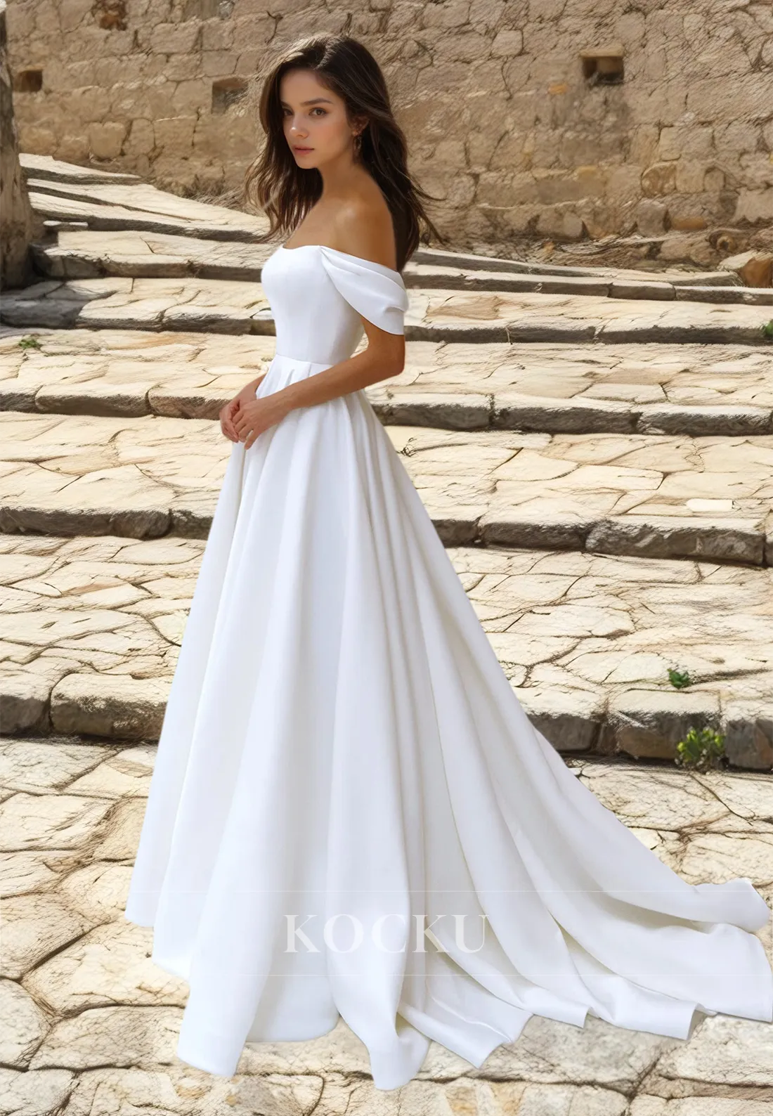 Off-Shoulder A-Line Sleeveless Sweep train Pleated Satin Wedding Dress Bridal Gowns