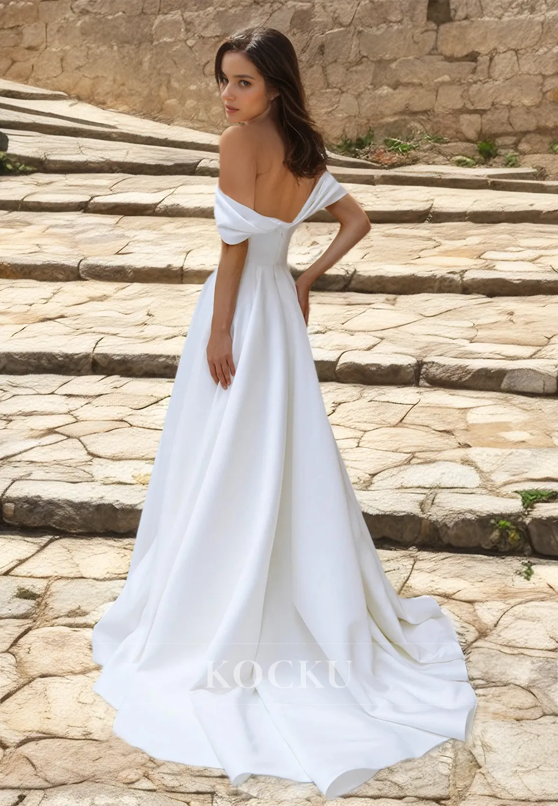 Off-Shoulder A-Line Sleeveless Sweep train Pleated Satin Wedding Dress Bridal Gowns