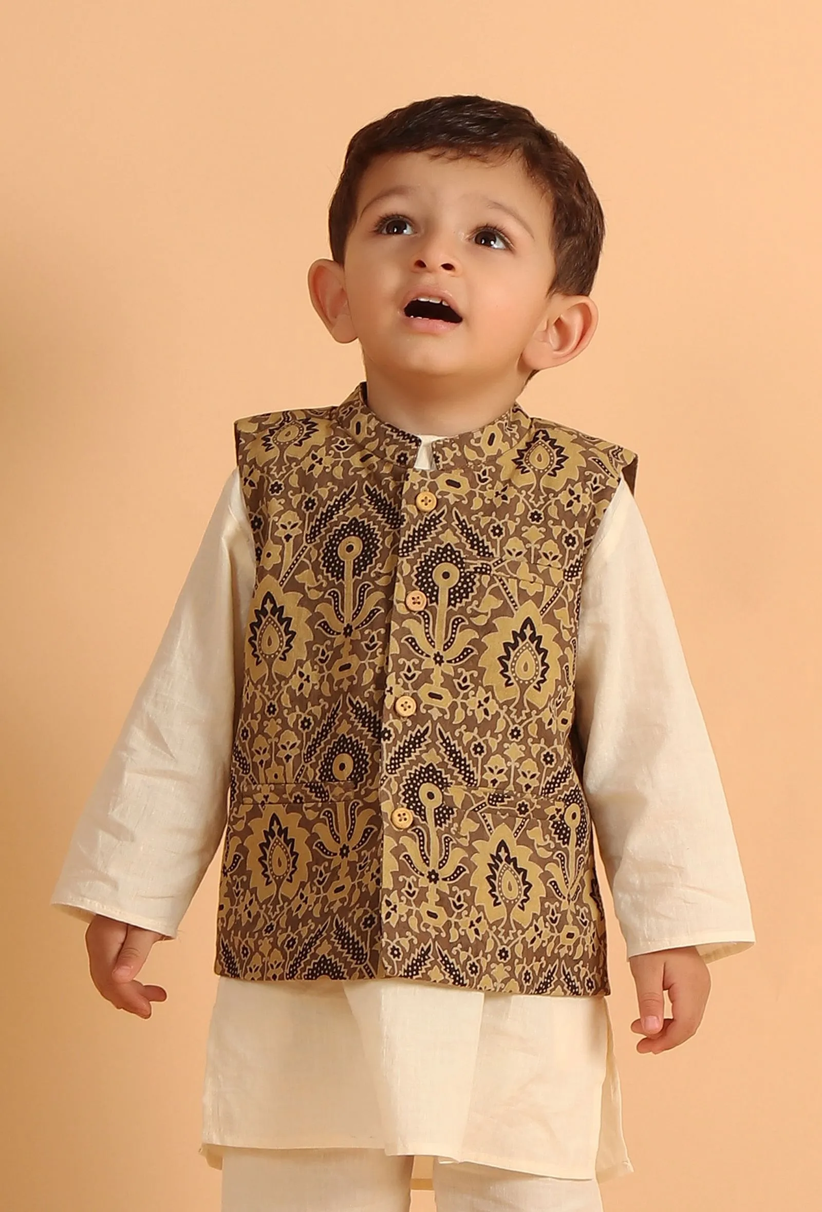 Ozas Khaki Ajrakh Print Cotton Nehru Jacket