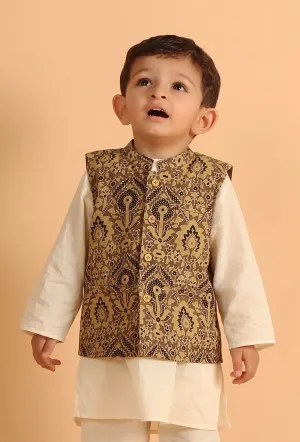 Ozas Khaki Ajrakh Print Cotton Nehru Jacket