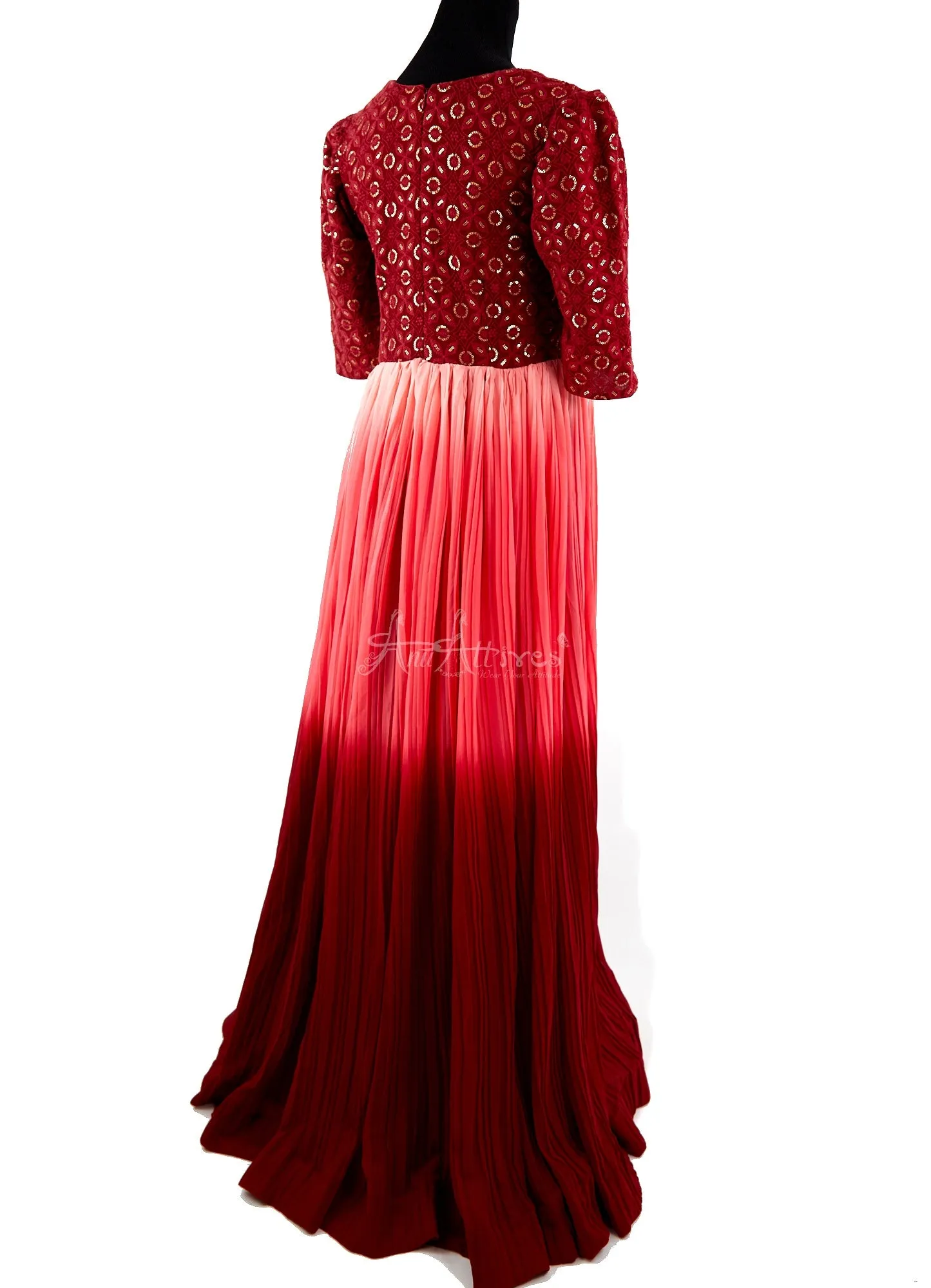 Peach & Maroon Shade Chickankari Gown