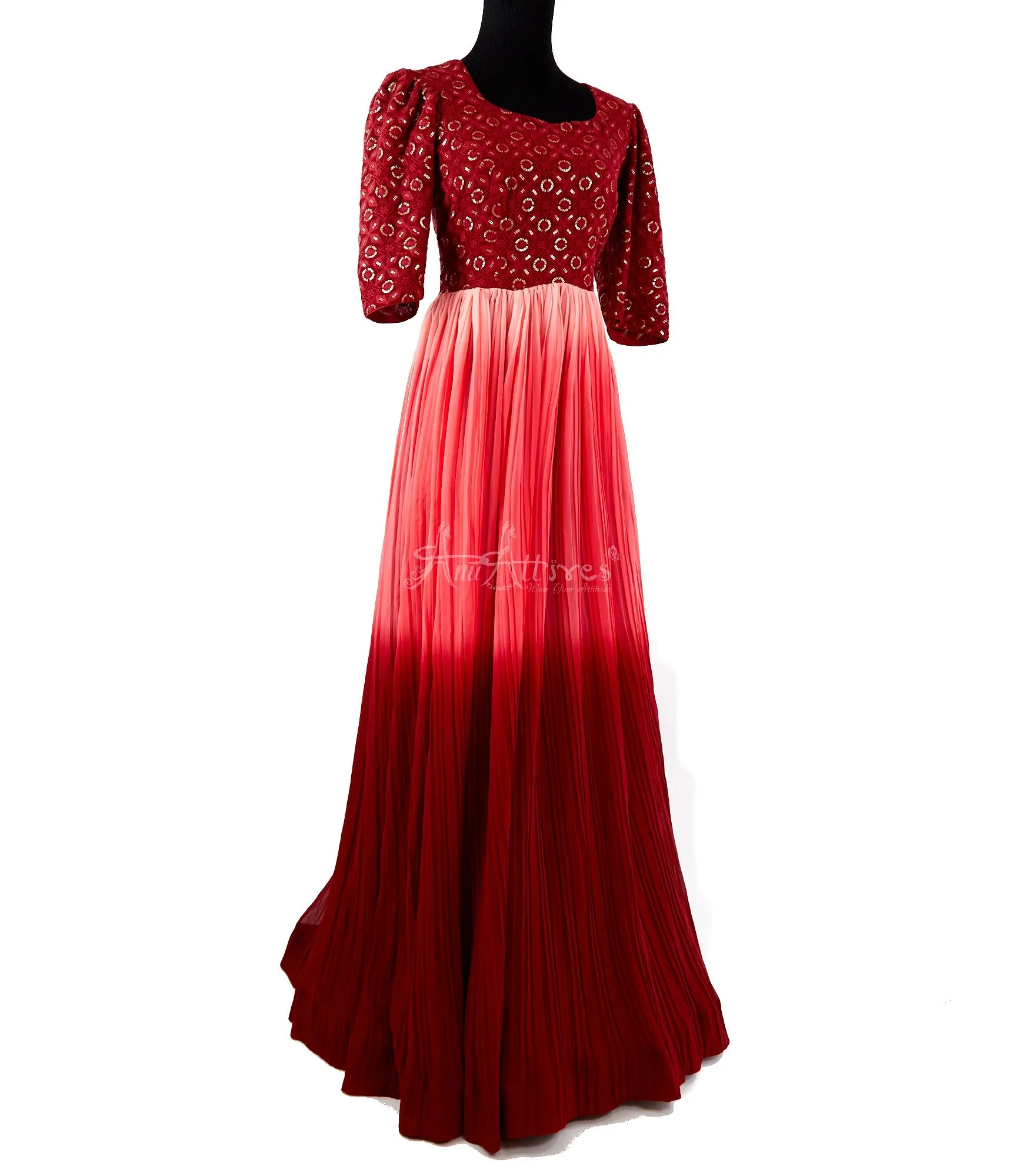 Peach & Maroon Shade Chickankari Gown