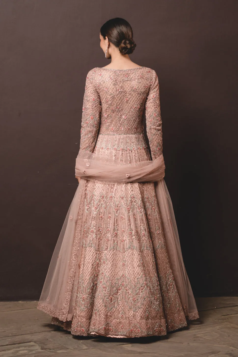 Peach Tulle Gown & Dupatta Set