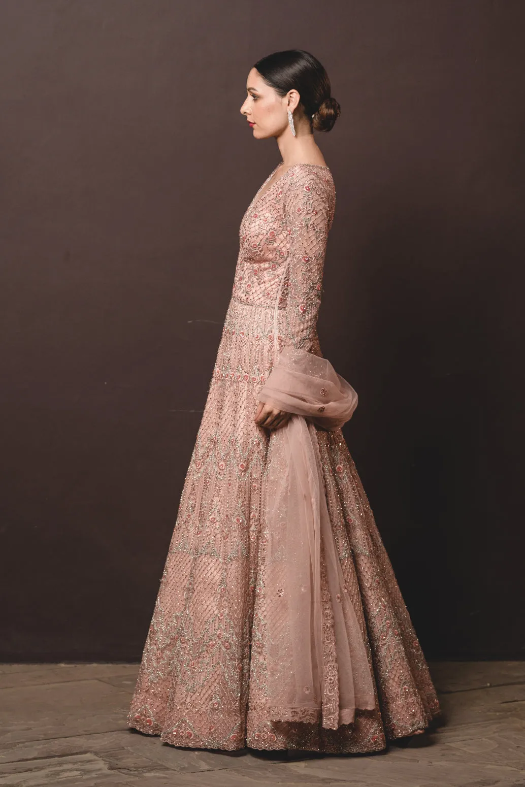 Peach Tulle Gown & Dupatta Set