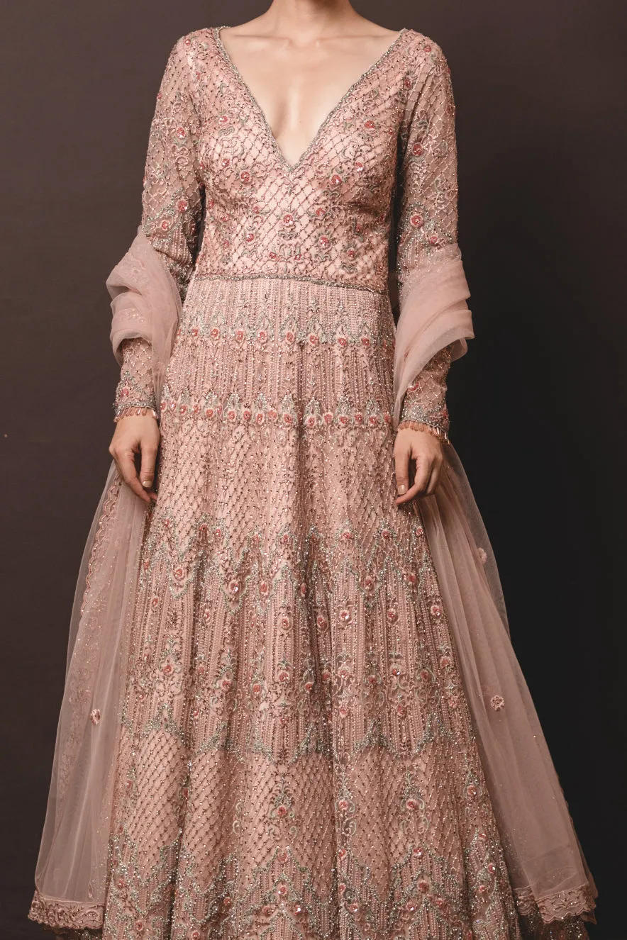 Peach Tulle Gown & Dupatta Set